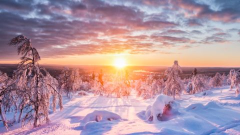 sunset over snowy lapland landscape