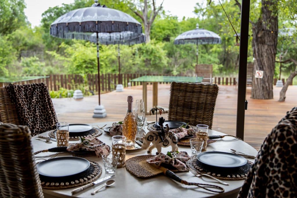 outdoor dining area in a safari lodge