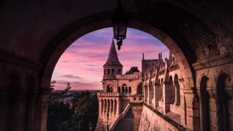 archway and sunset in budapest