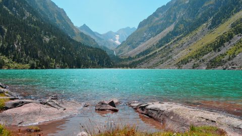 glacial lake and mountains in the french pyrenees