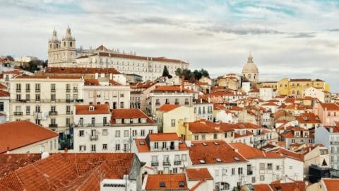 terracotta rooftops and cathedral in lisbon