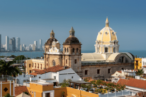 Cartagena in Colombia with old churches rising above the other buildings
