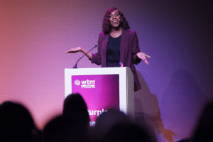Jamie-lee delivering a keynote speech at WTM