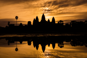 View of Angkor Wat in Cambodia at sunrise from King's bath