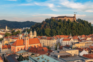Ljubljana city in Slovenia with a castle in the background