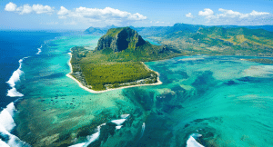Aerial view of islands in Mauritius on an adults immersive adventure