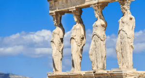 Four pillars of Athena at the top of the Parthenon in Athens