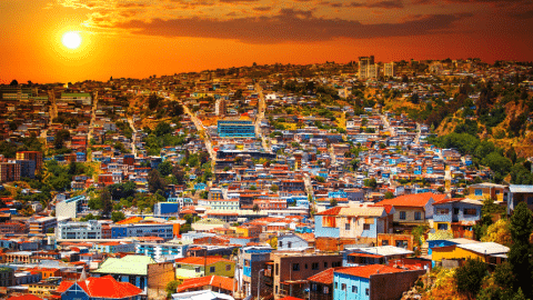 Beautiful sunset in Chile over Valparaiso city